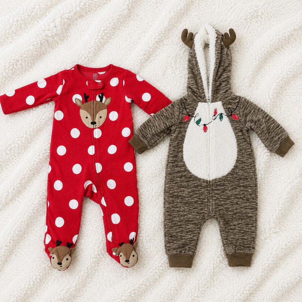 Just One You by Carter's Baby 6M Reindeer Christmas Holiday Romper Lot 2pc